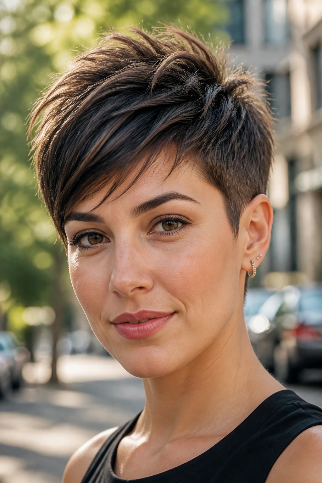 Real woman with a tapered pixie showing short nape and longer crown