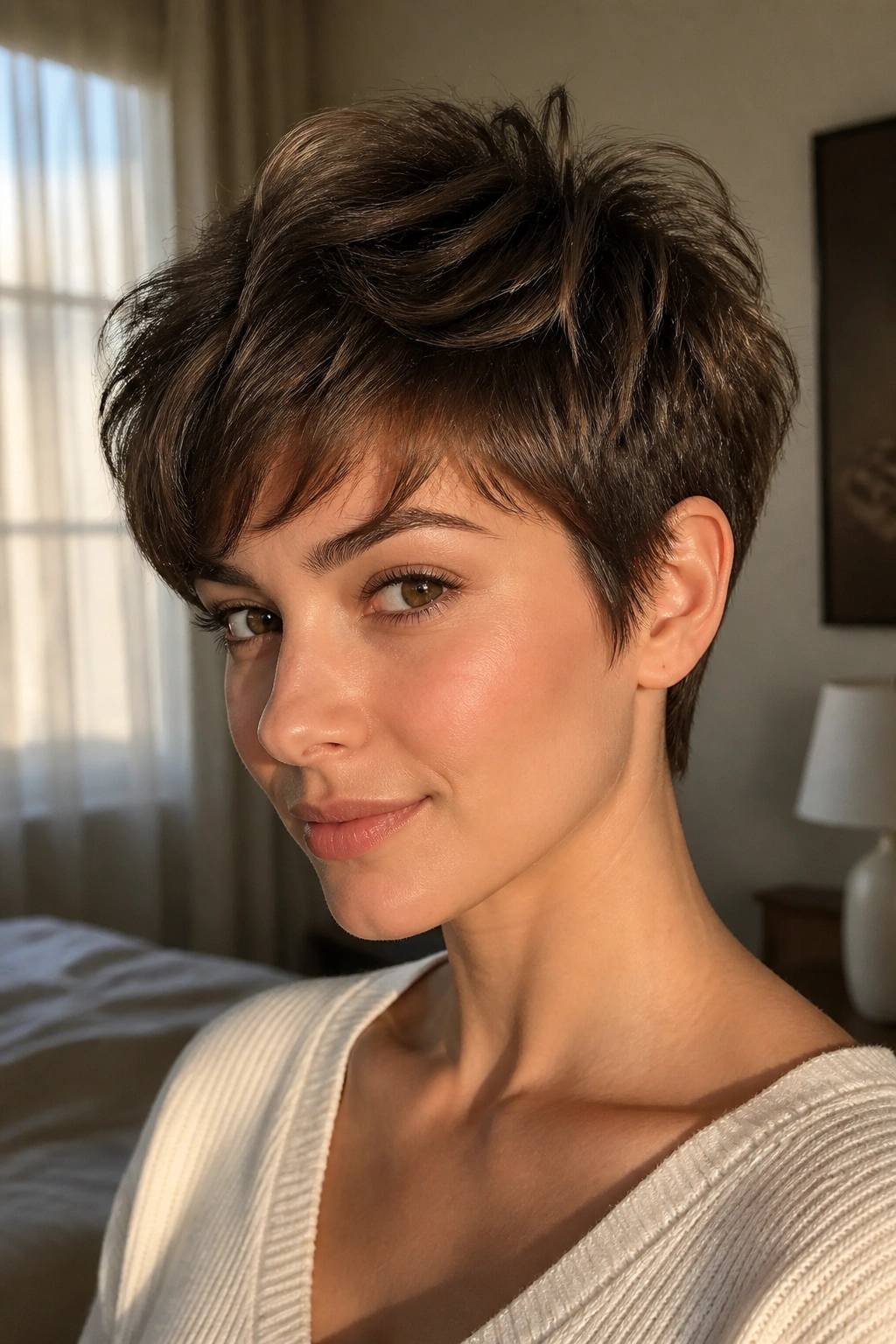Close-up portrait of a real woman with a tapered soft pixie cut under warm window light