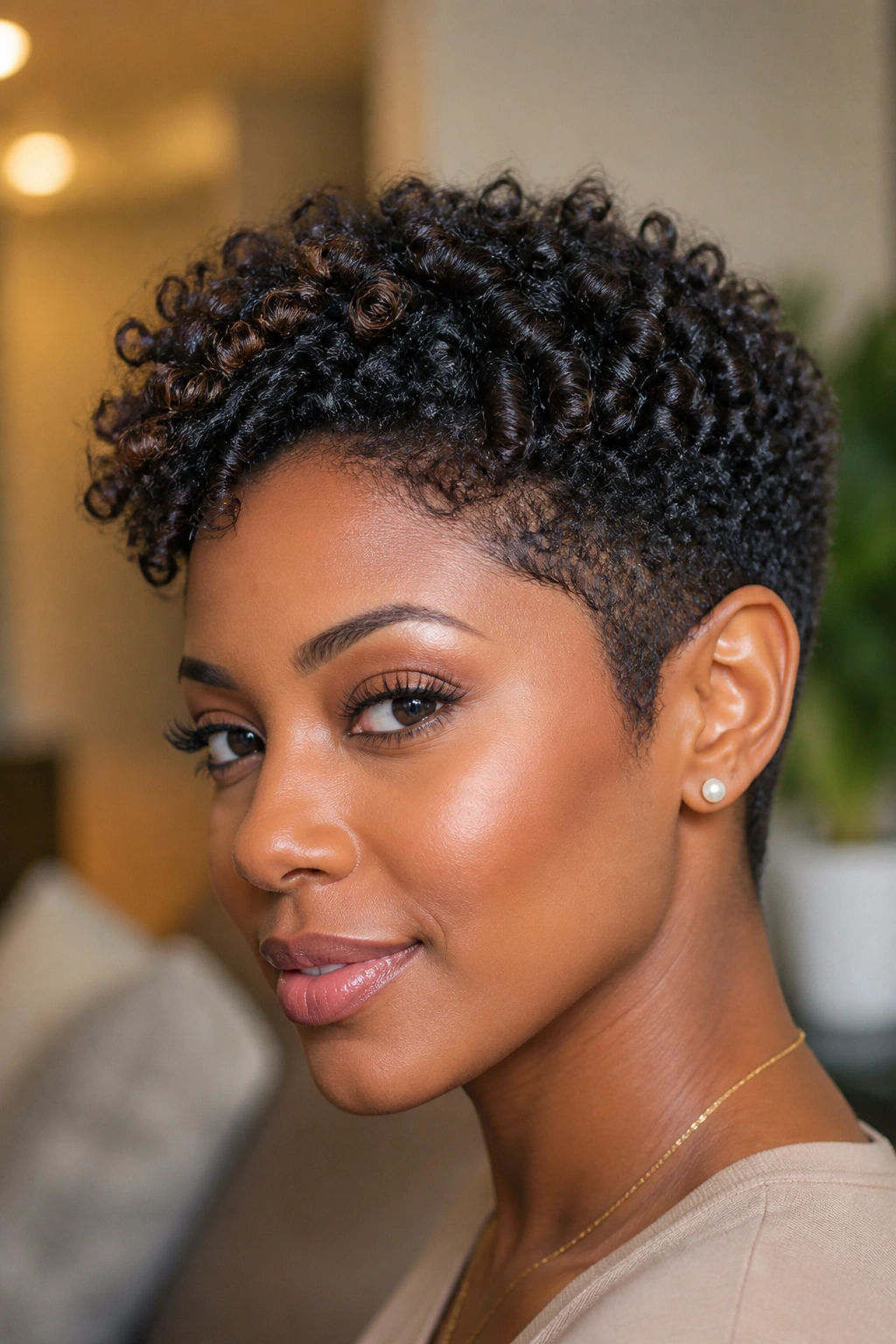 Portrait of a woman with a tapered pixie and defined coils