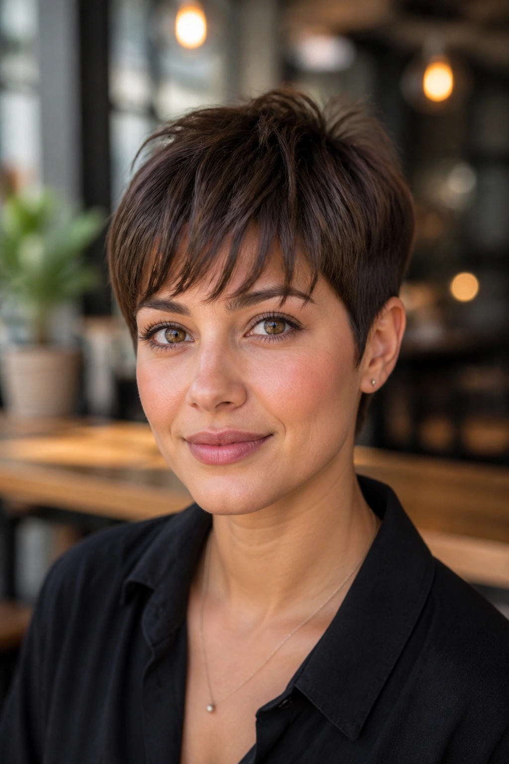 Close-up portrait of a real person with a tapered pixie cut and fringe in warm cafe light.