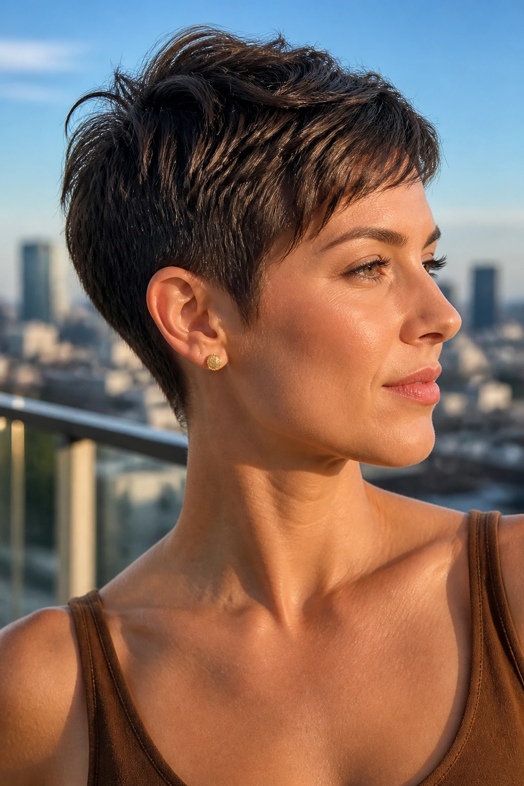 Close-up portrait of a real woman with a tapered pixie on a sunlit balcony