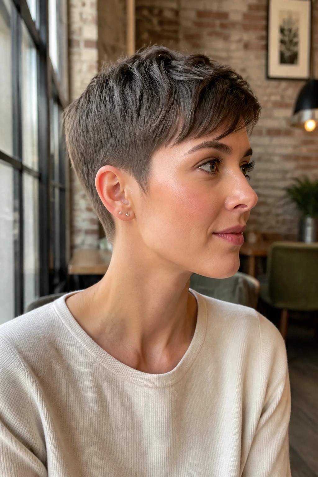 Close-up of a real person with a tapered pixie hairstyle in a cafe