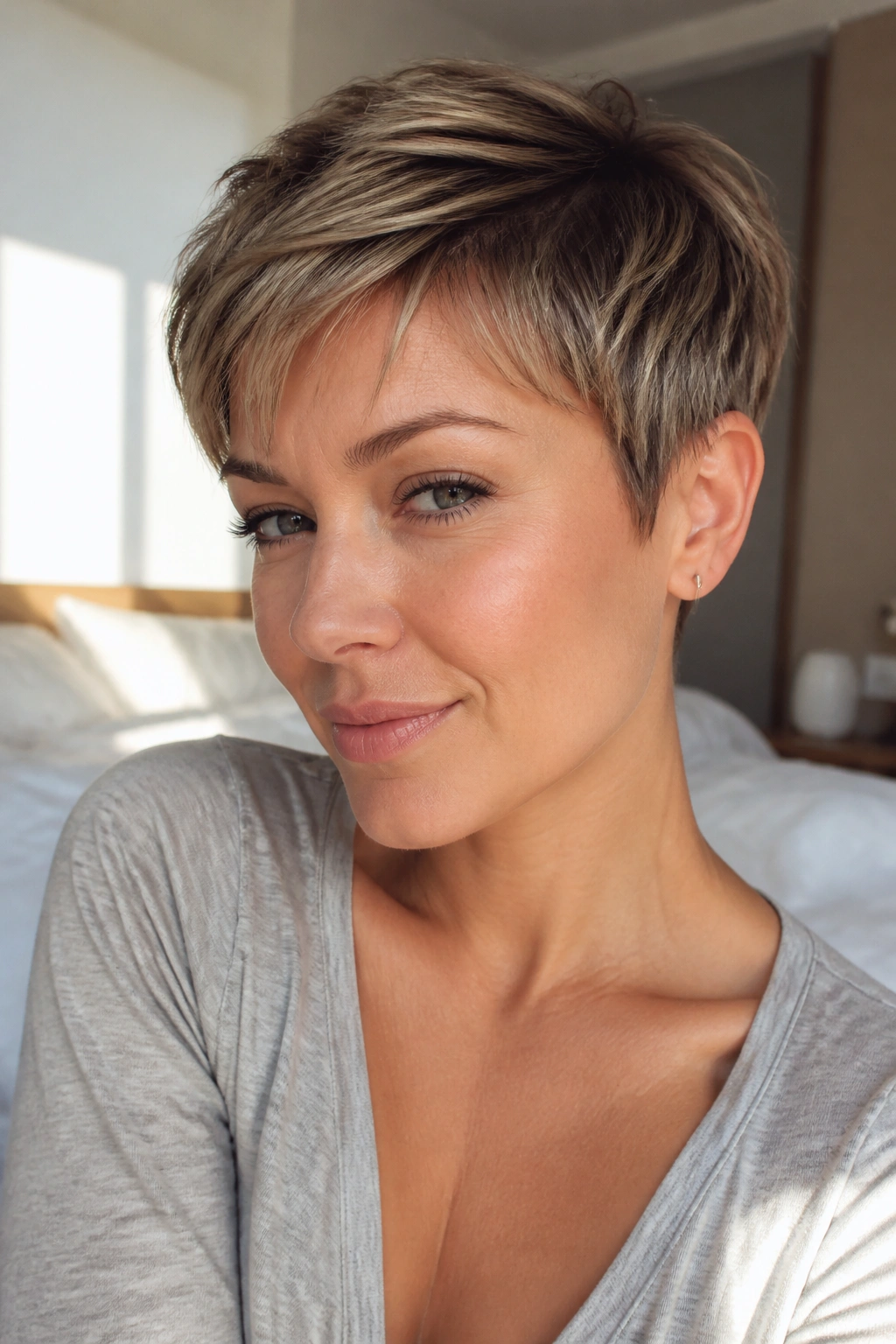 Close-up of a woman with tapered pixie in a sunlit bedroom