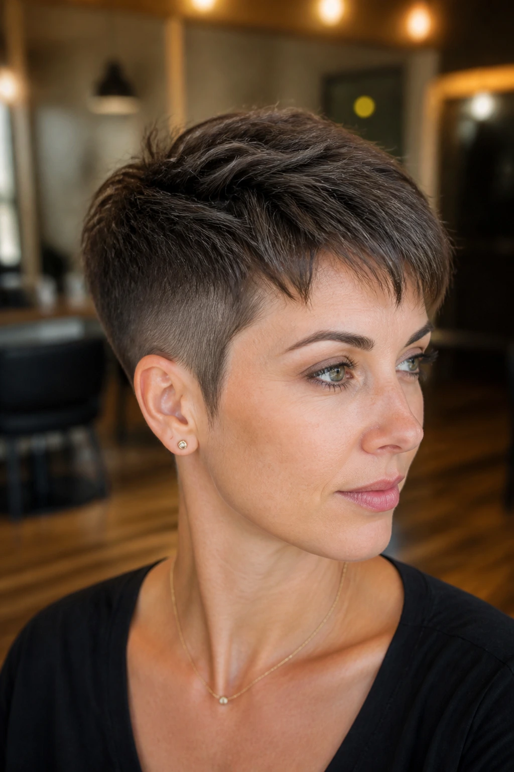 Close-up portrait of a woman with a tapered pixie haircut in a warm salon