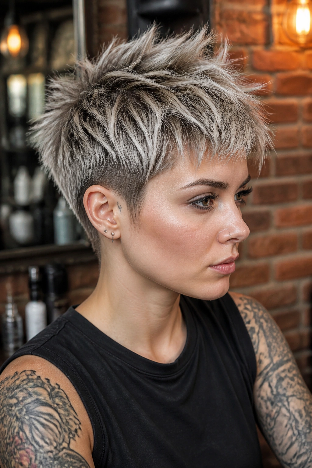 Real woman with tapered pixie and heavy texture at the crown in a warm salon
