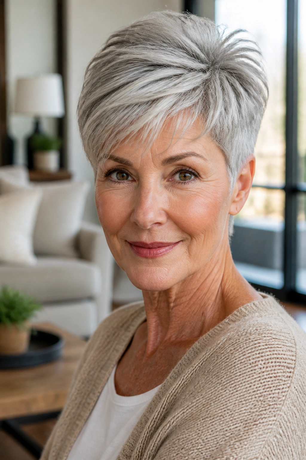 Close-up of a real 60s woman with a tapered pixie hairstyle in a bright living room