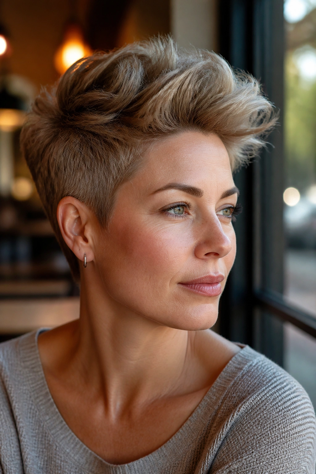 Close-up portrait of a real person with a tapered pixie and lifted top balancing a square jaw