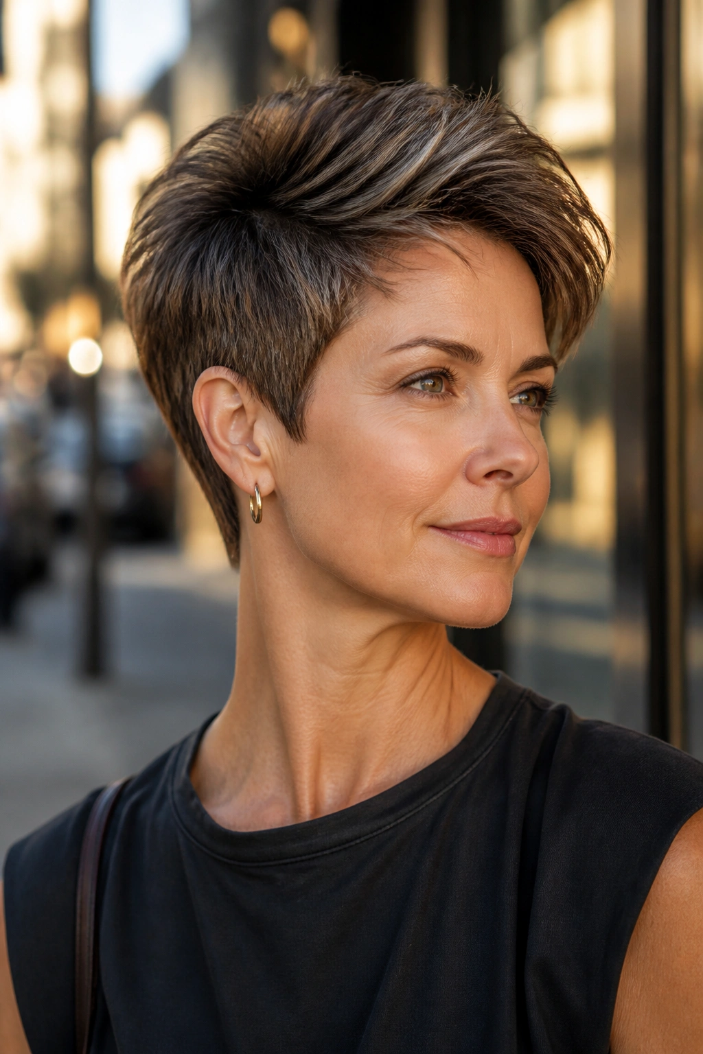 Portrait of a woman with a tapered pixie and long crown.