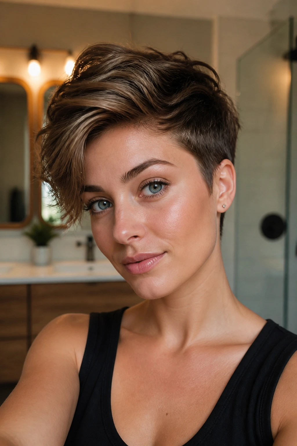 Real person with tapered pixie and long top in a warm-lit bathroom