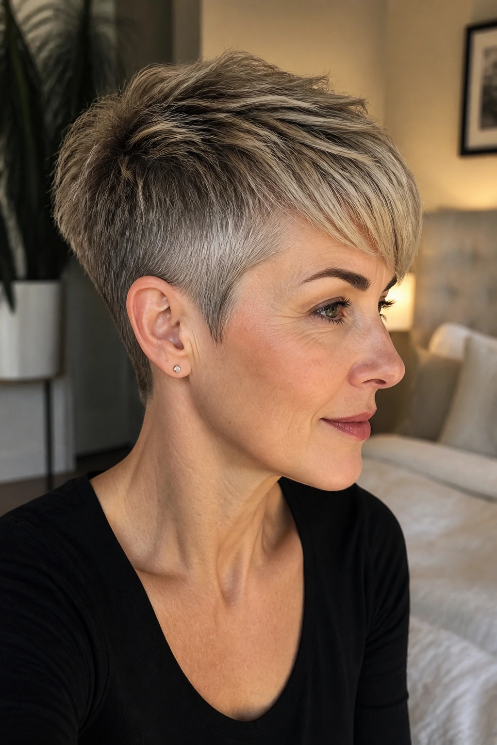 Portrait of a real woman with a tapered pixie and longer top pieces.