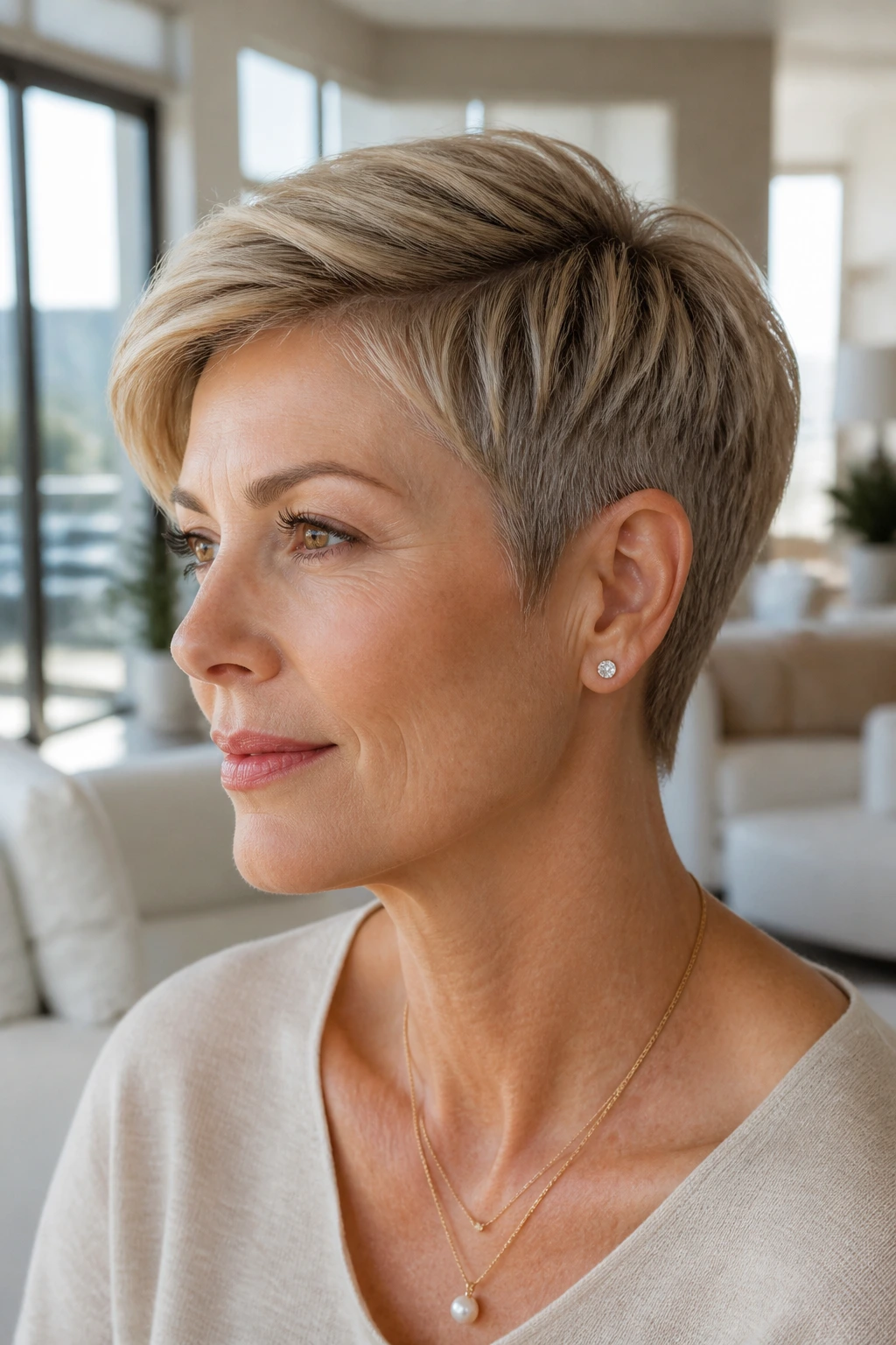 Close-up portrait of a real woman with a tidy tapered pixie and longer top swept over in bright daylight