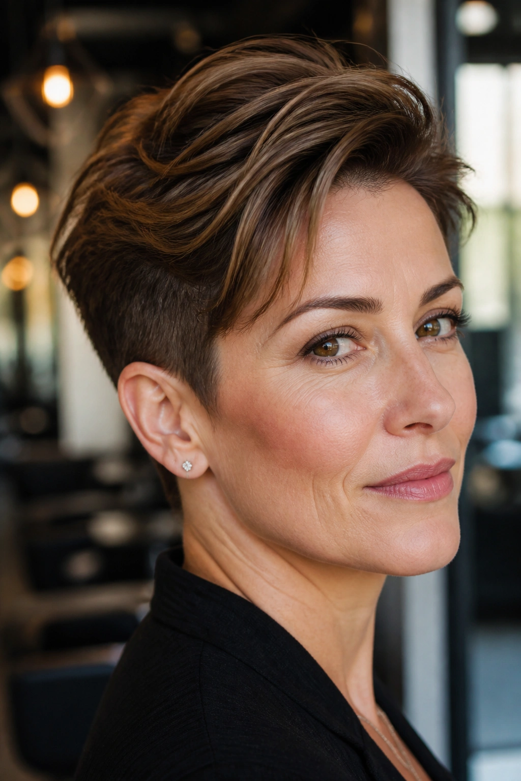 Close-up portrait of a real woman with a tapered pixie and longer top layers