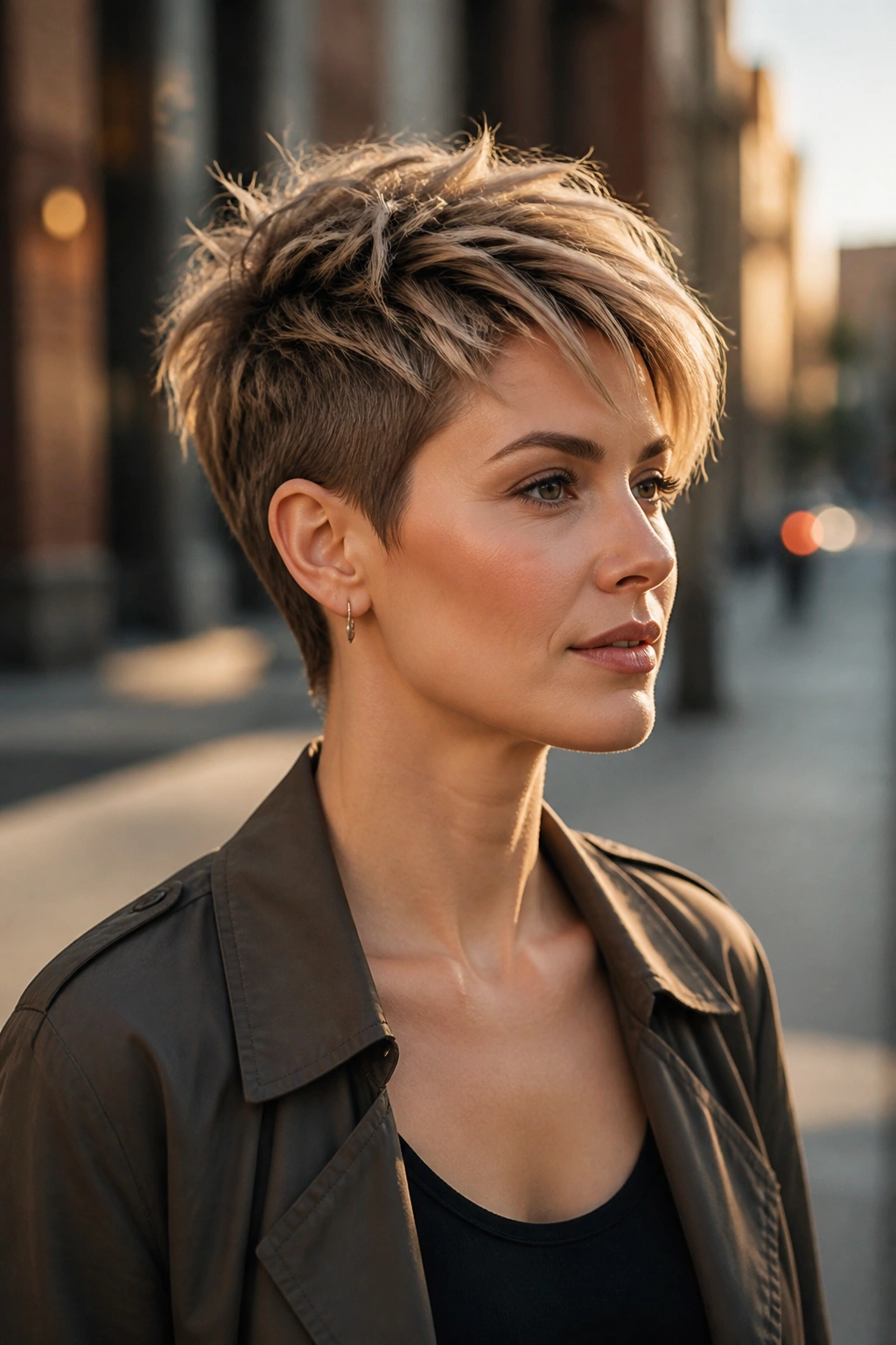 Three-quarter view of a real person with a tapered pixie and longer top on a city street at golden hour.