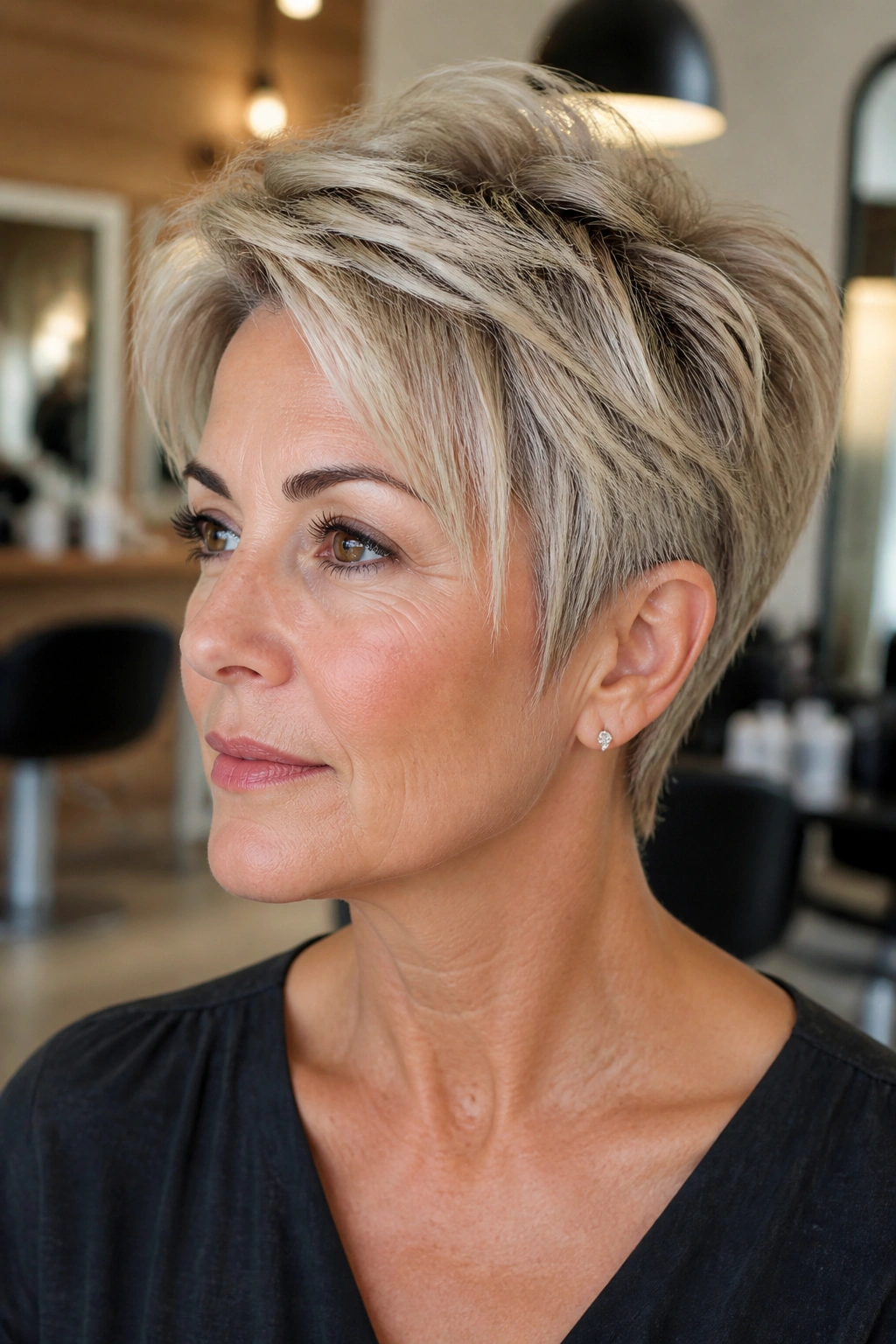 Close-up portrait of a real woman with a tapered pixie and longer top, showing movement