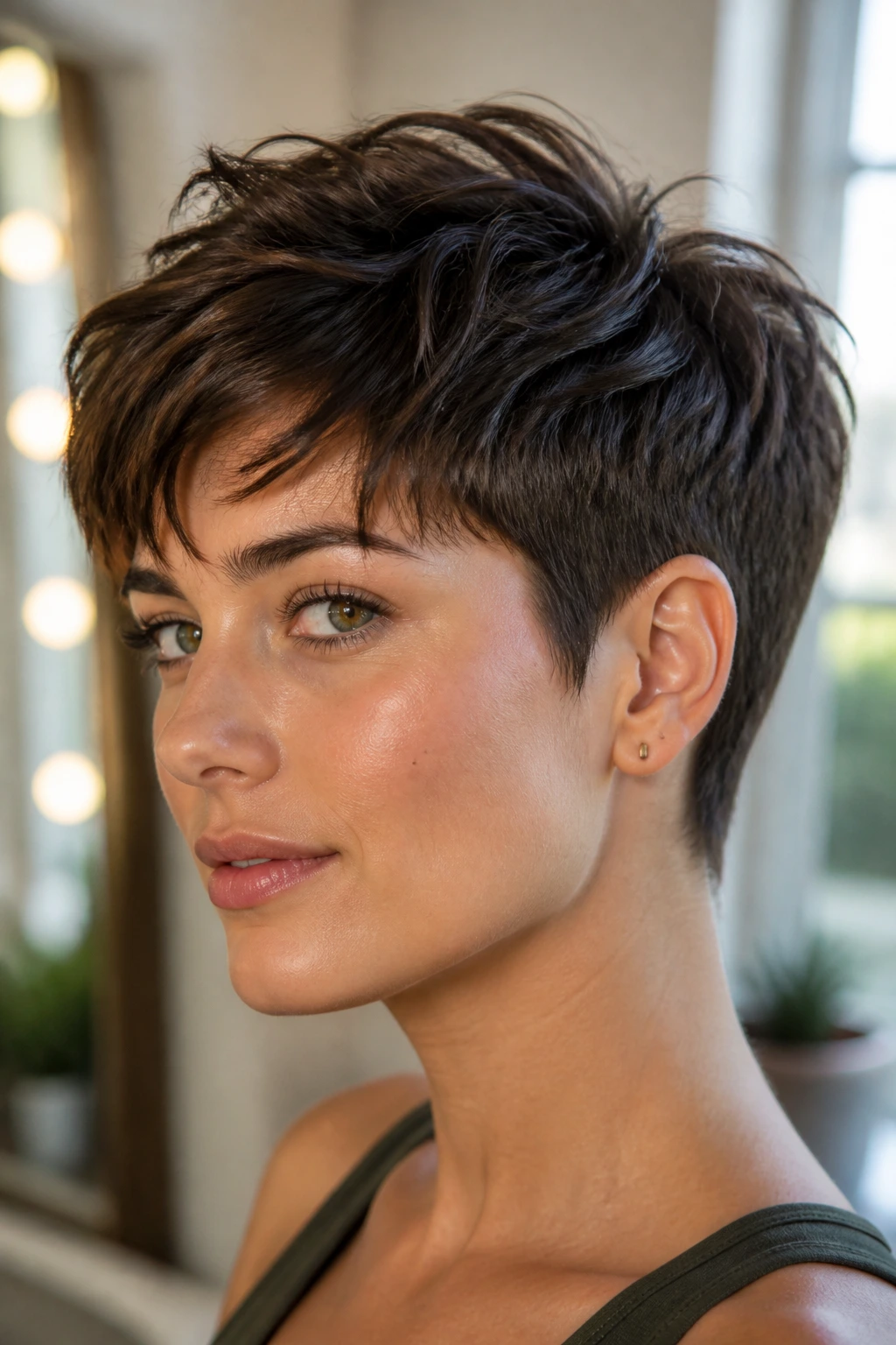 Close-up portrait of a real person with tapered pixie and longer top