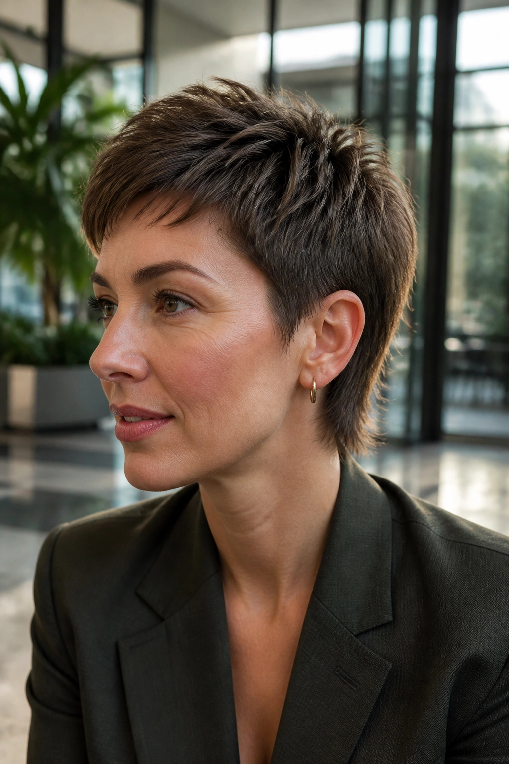 Portrait of a real woman with tapered pixie mullet in a modern office setting
