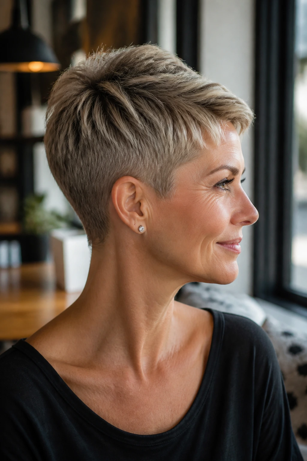 Real woman with a tapered back pixie hairstyle.