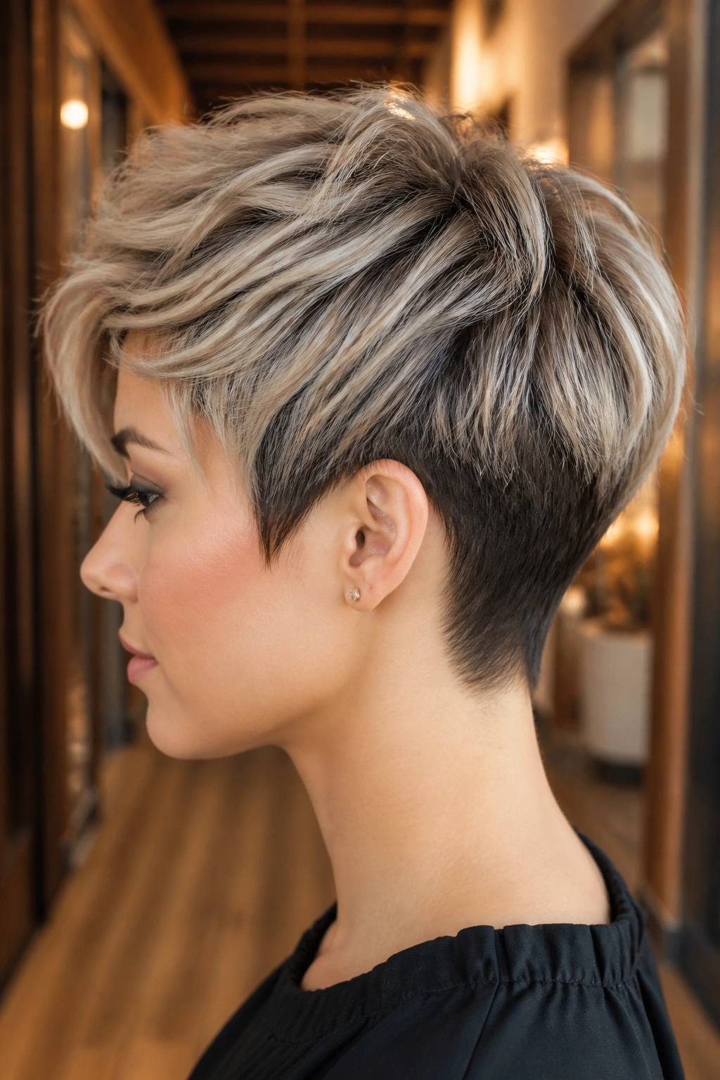Side-profile portrait of a person with a clean nape tapered long pixie