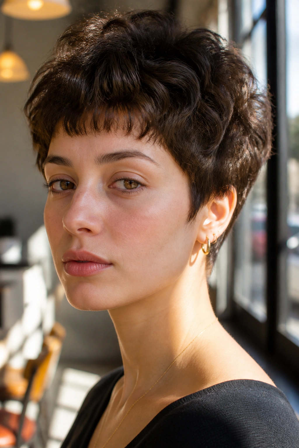 Close-up of a real woman with a tapered pixie perm and micro bangs in a cafe setting