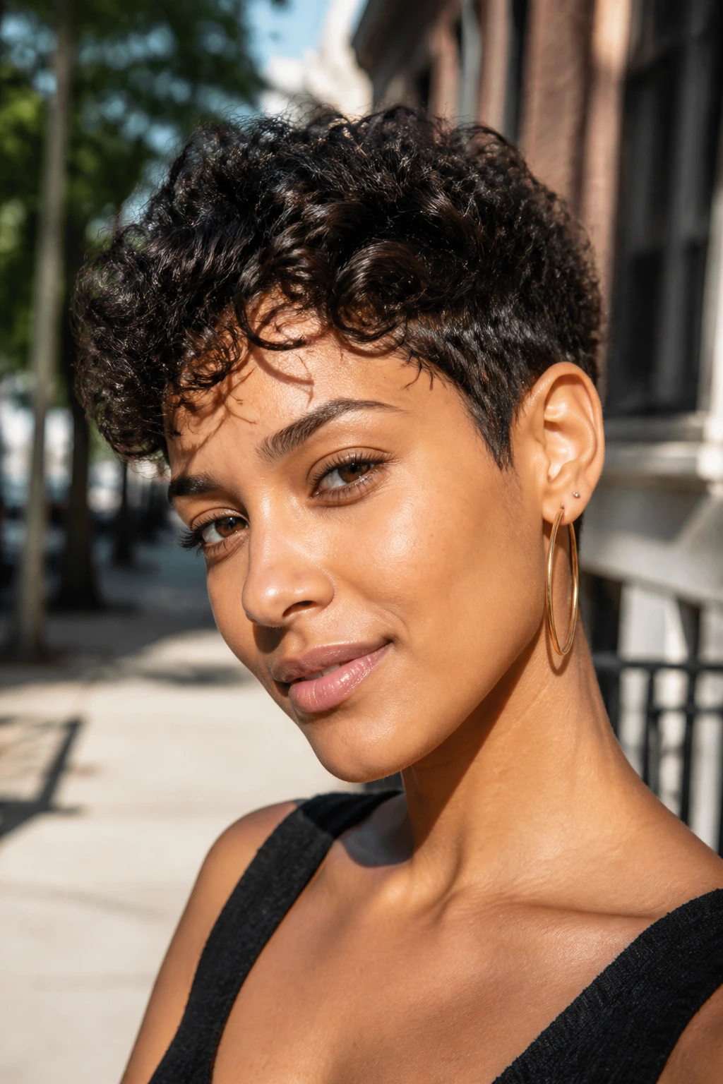 Close-up portrait of a real person with a tapered pixie showing neat sides and fuller top