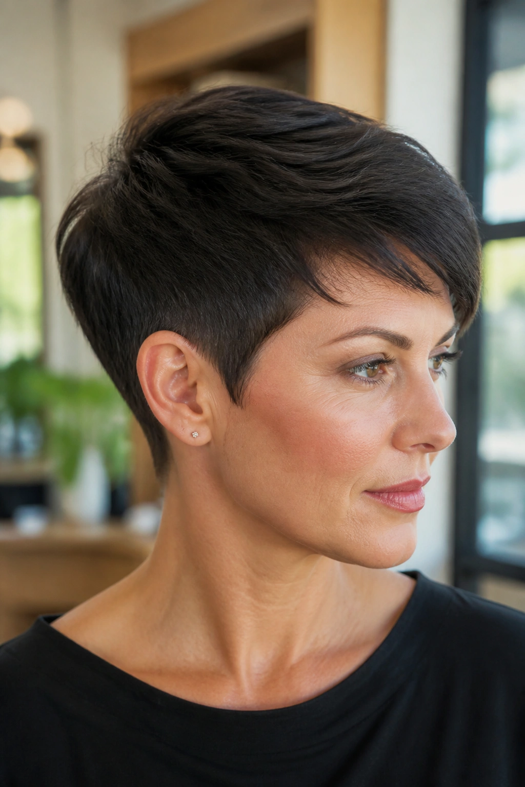 Close-up portrait of a real person with a classic tapered pixie in a sunlit salon