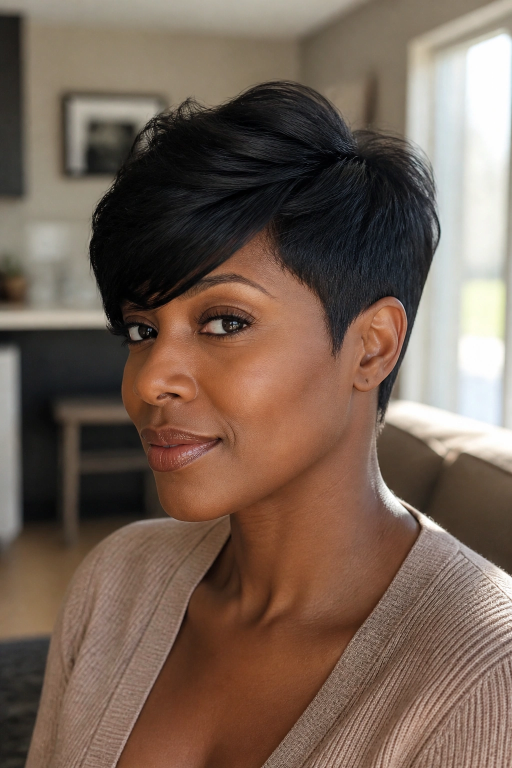 Close-up portrait of a real woman wearing a tapered pixie with side-swept bangs