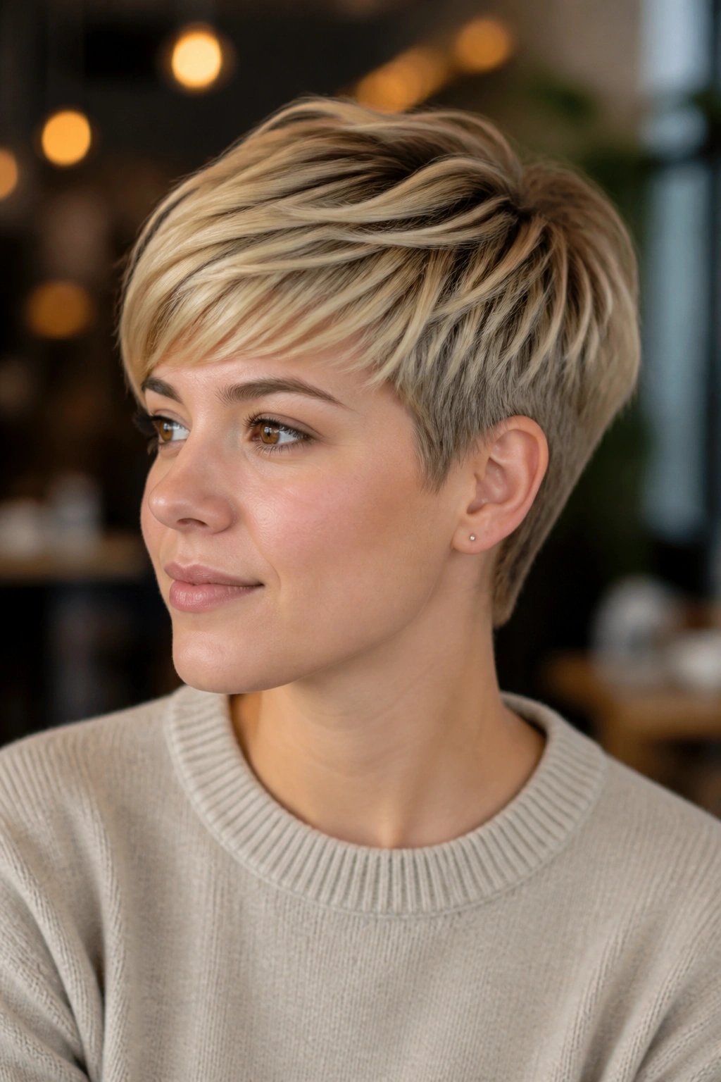 Close-up of a real person with a tapered pixie and side-swept fringe.