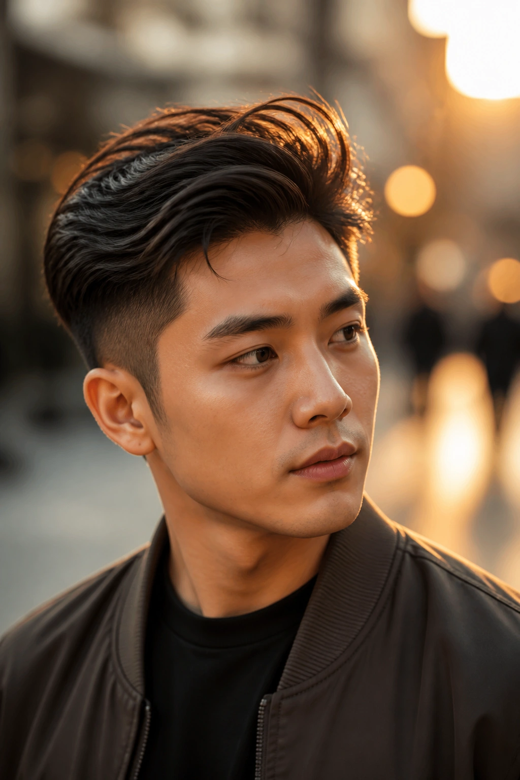 Man with tapered pompadour showing movement on a city street at golden hour
