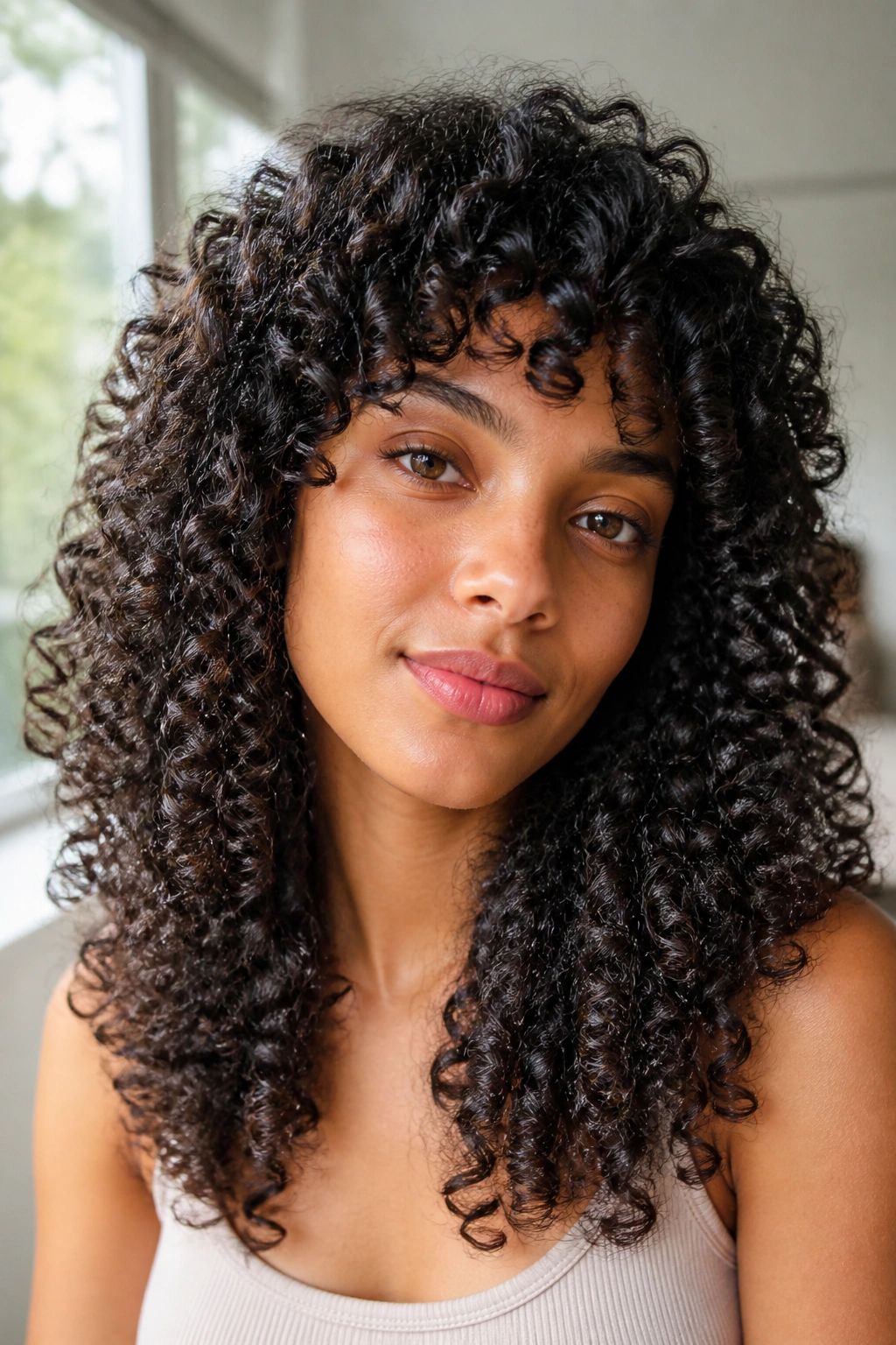 Close-up of a woman with tapered ringlet layers on tight curls