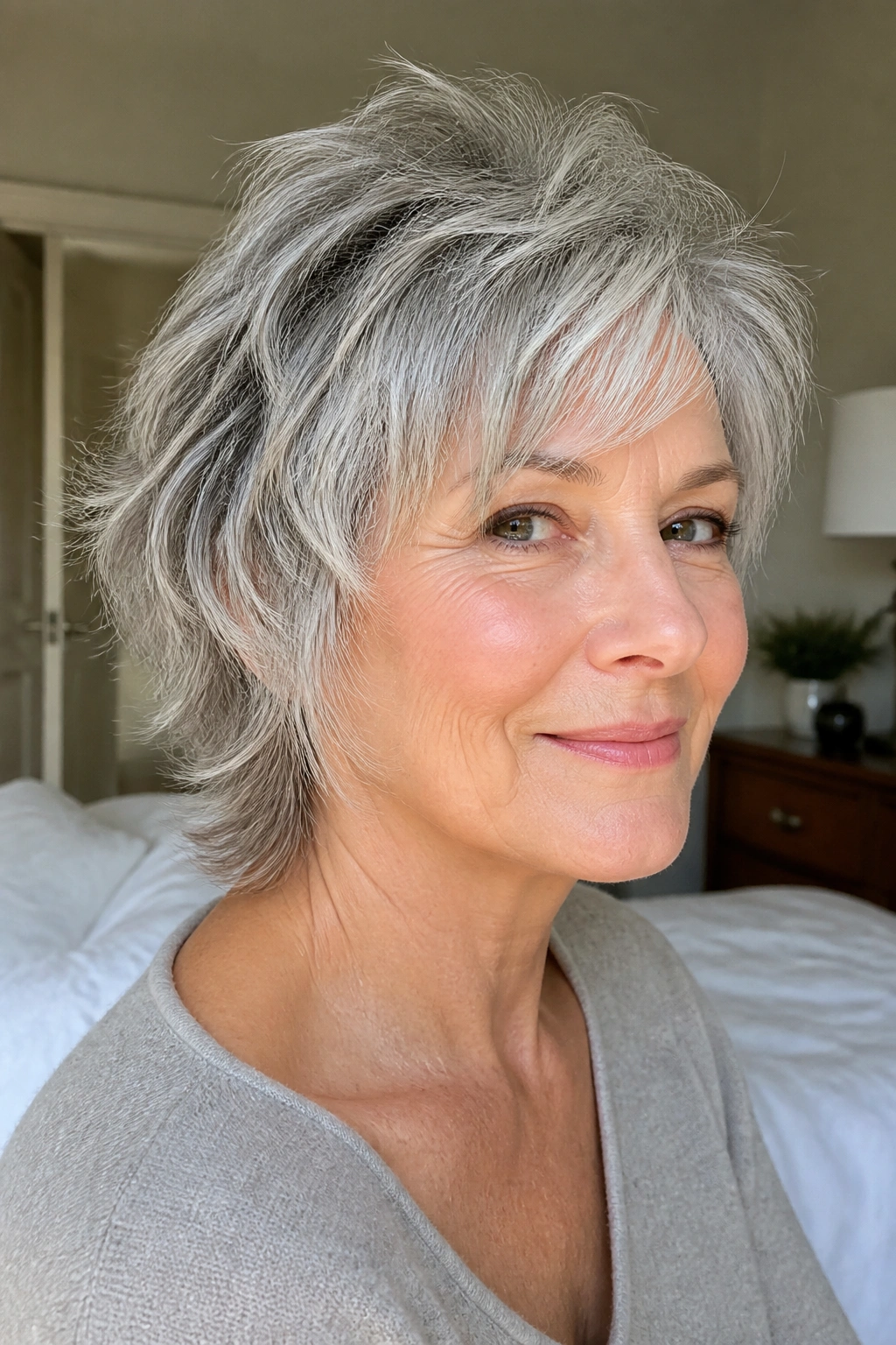 Real woman with tapered shag hairstyle in warm window light