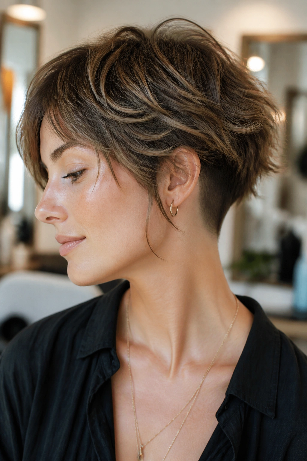 Close-up portrait of a real woman with a hidden undercut at the nape and a tapered short shag.