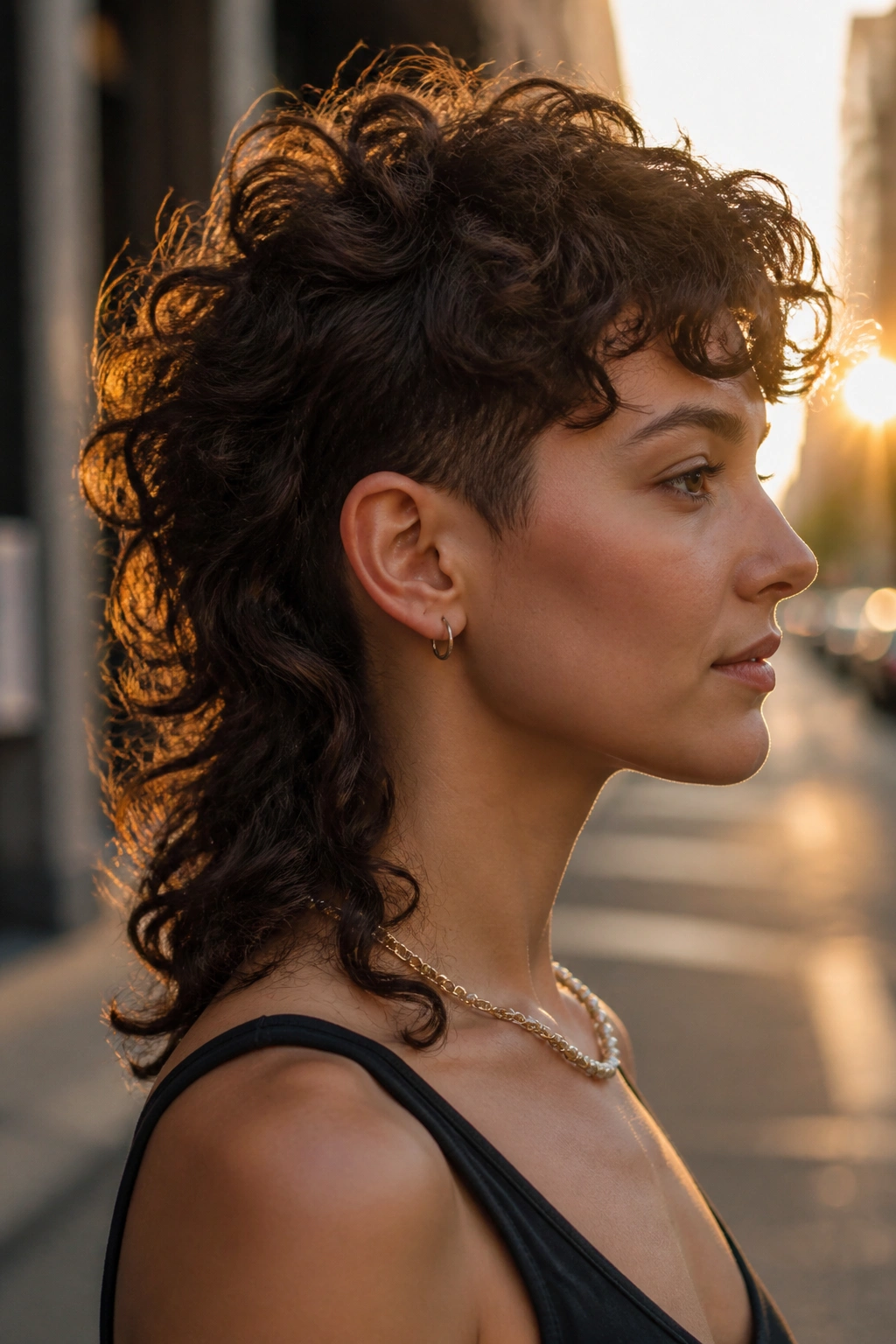 Side-profile portrait of a woman with tapered-sides curly mullet shag against urban golden-hour backdrop.