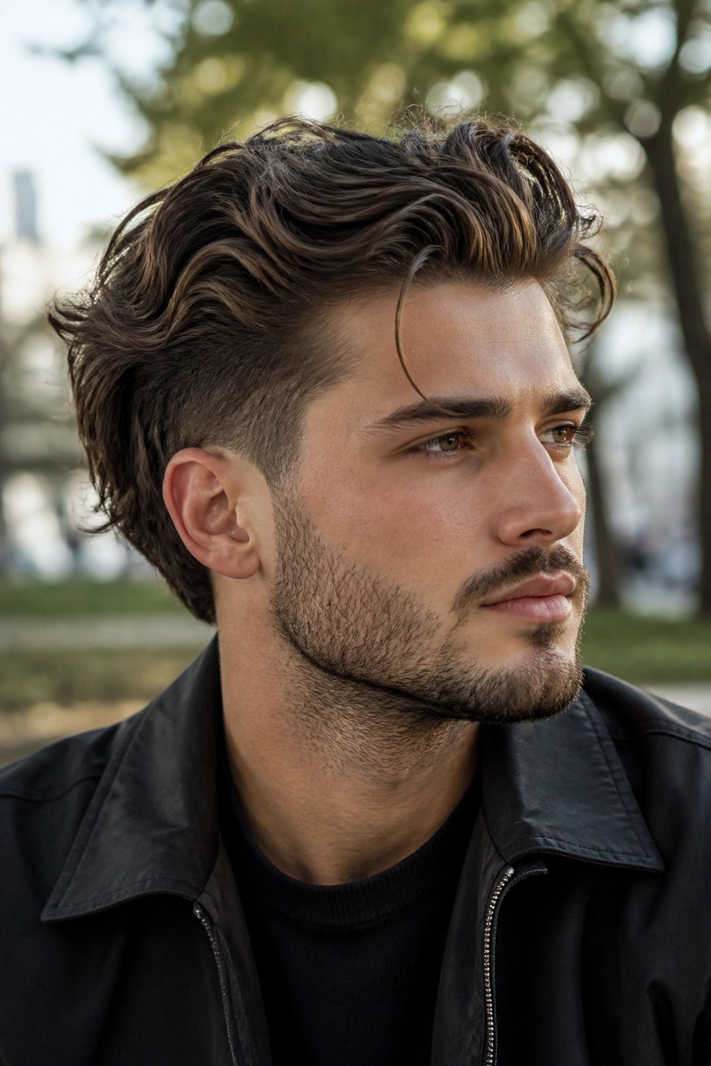 Close-up portrait of a man with a long top and tapered sides