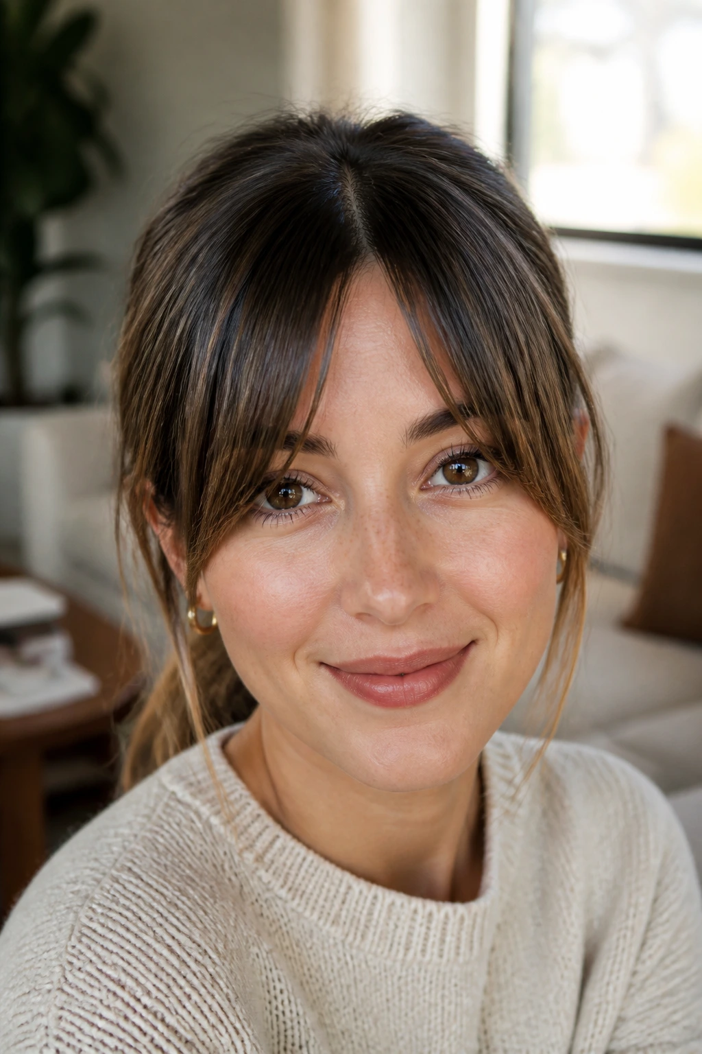 Close-up of a real person with a tapered split fringe, center open and sides framing the face in warm light