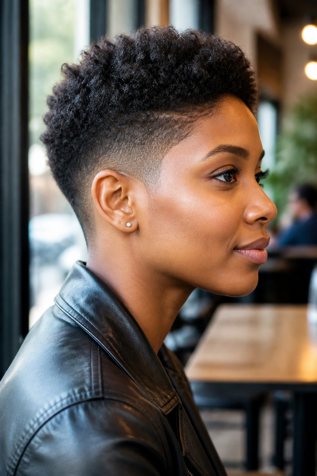 Close-up of tapered TWA shape on a real person in cafe lighting
