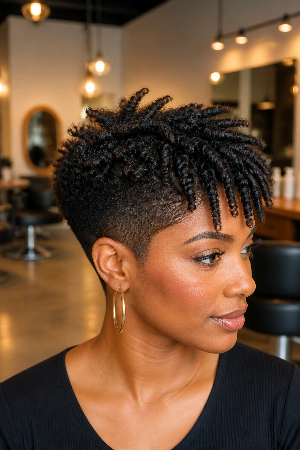 Close-up of a real woman with a tapered twist-out and short sides.