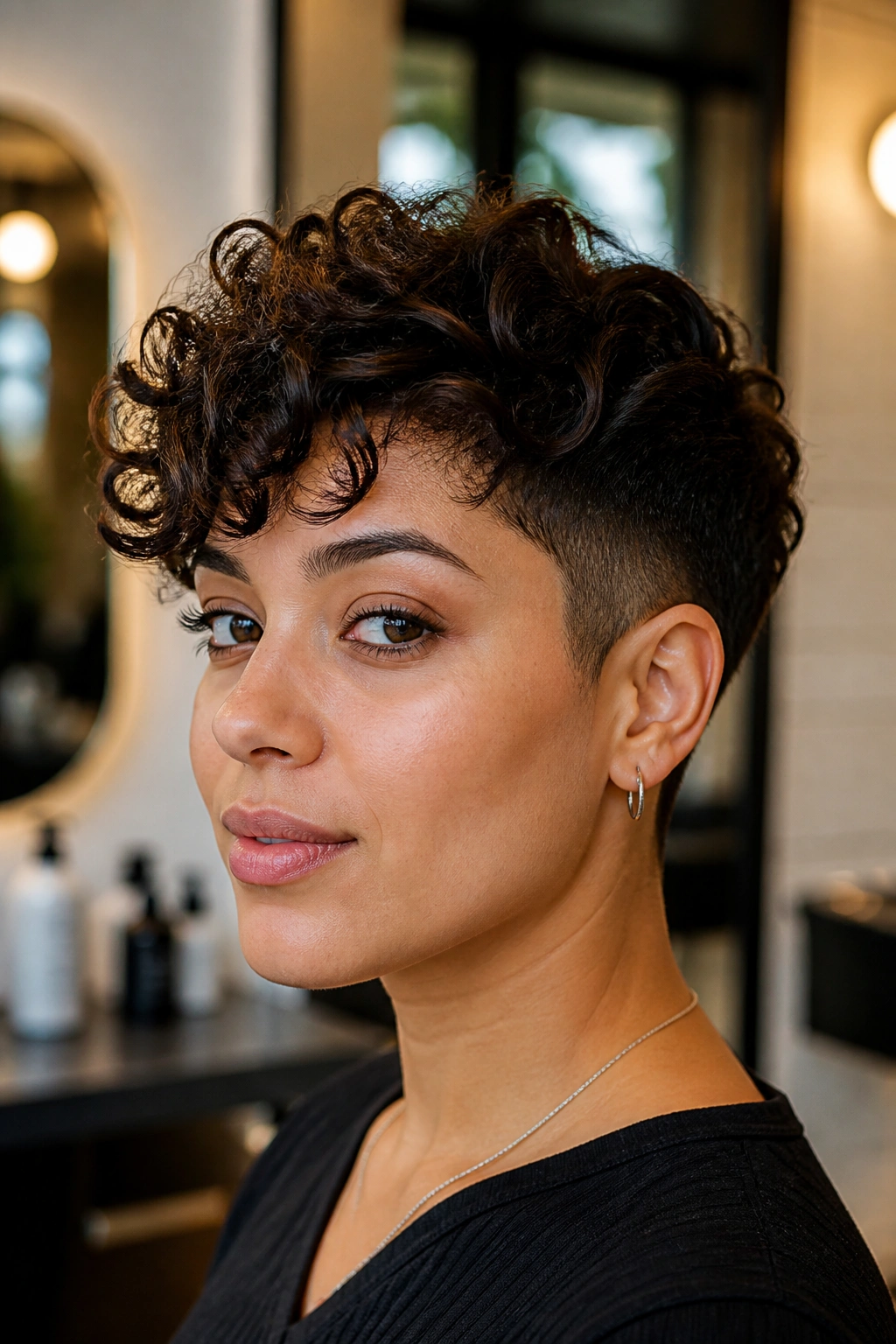 Close up of a real person with a tapered undercut and soft curls on top in a salon