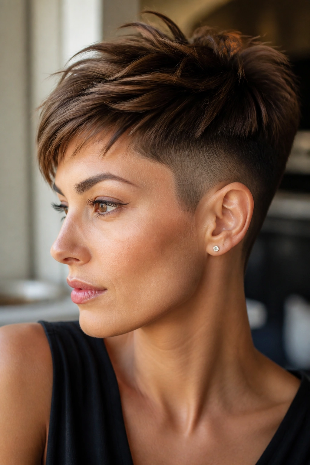 Close-up portrait of a real woman with a tapered undercut pixie hairstyle showing shaved sides and longer top