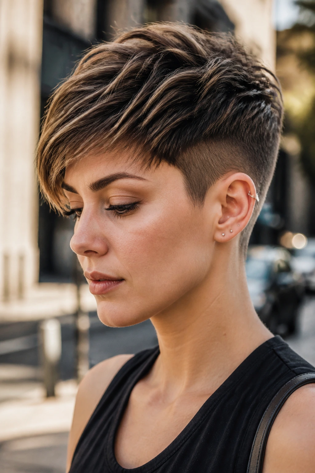 Close-up portrait of a real person with a tapered undercut pixie hairstyle