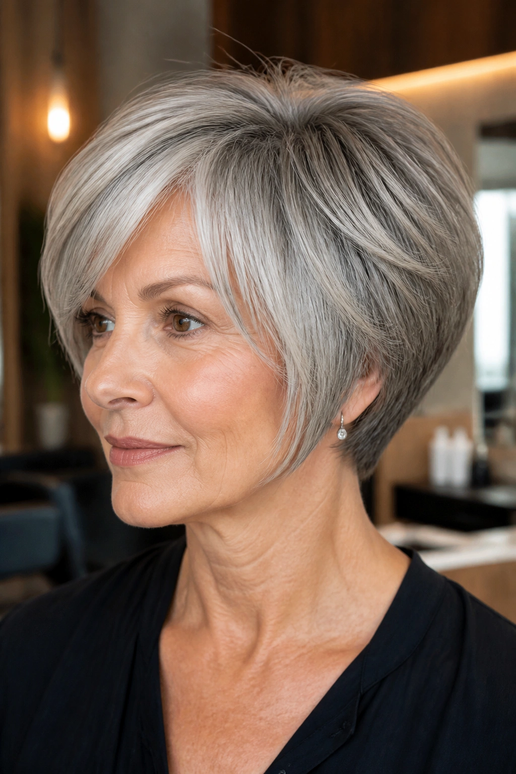 Close-up of a real woman with tapered wedge bob and lifted crown in a warm salon setting