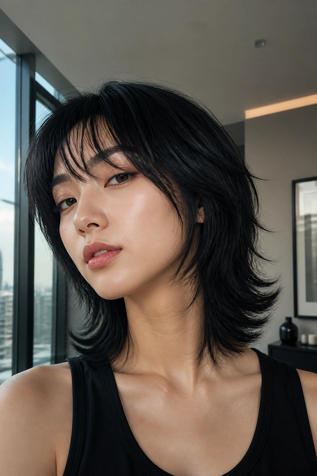 Portrait of person with tapered wolf cut and flipped ends
