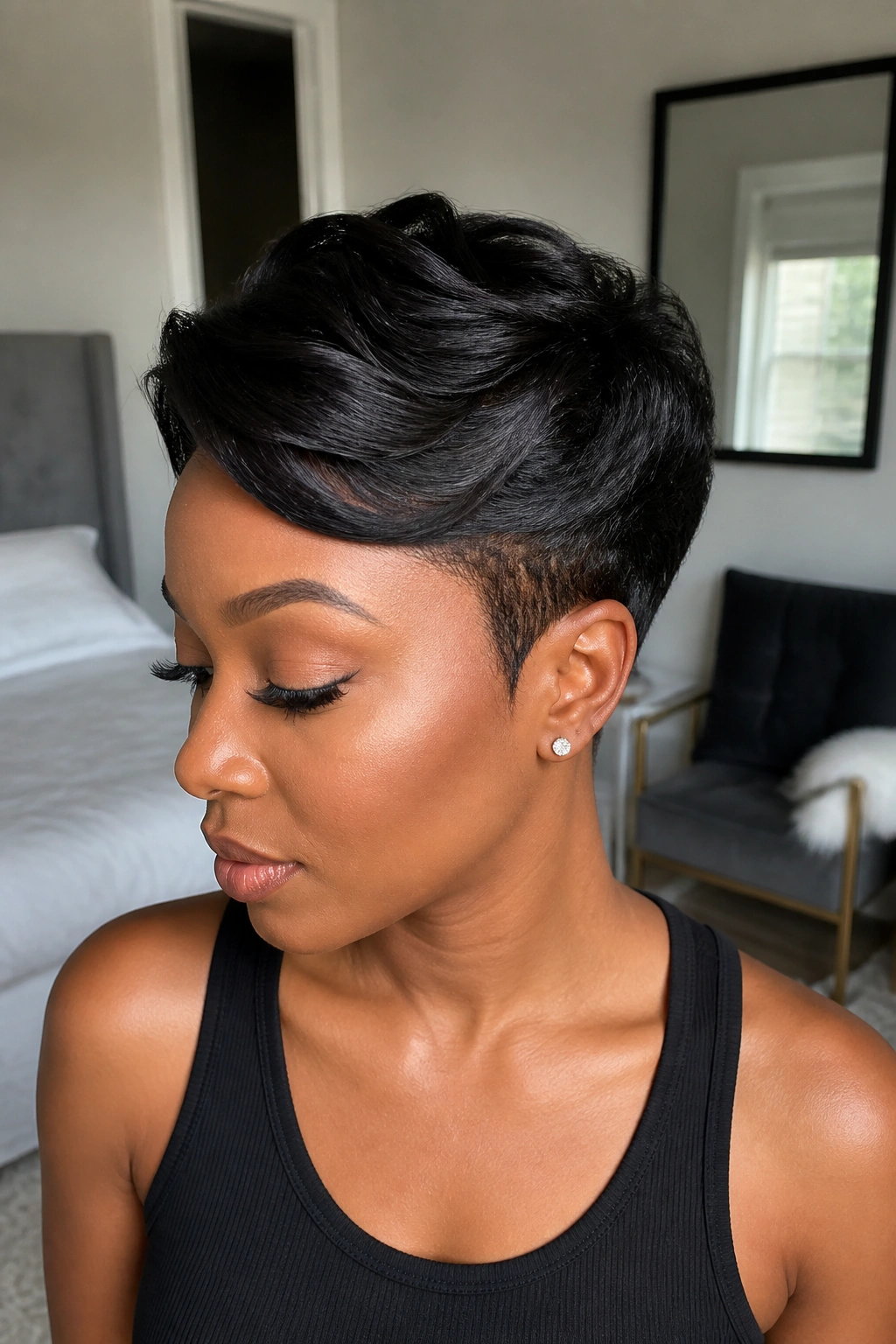 Close-up of a real woman wearing Tapered Wrap Style for Short Relaxed Hair