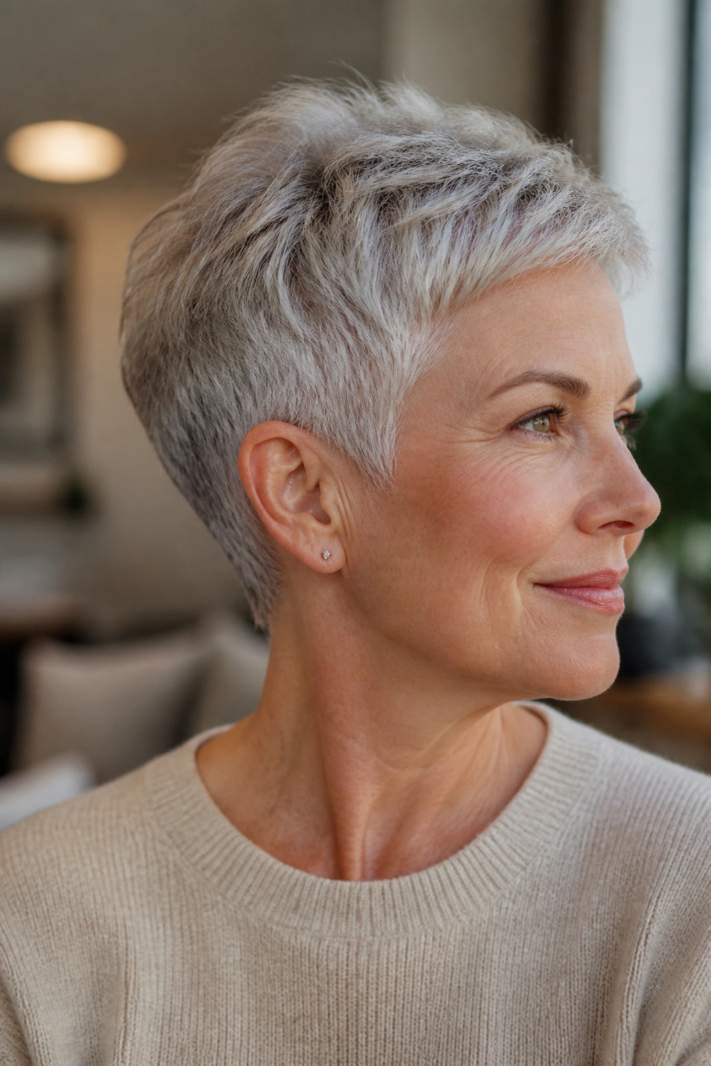 Close-up of a gray-haired woman with a tapered pixie and close neckline