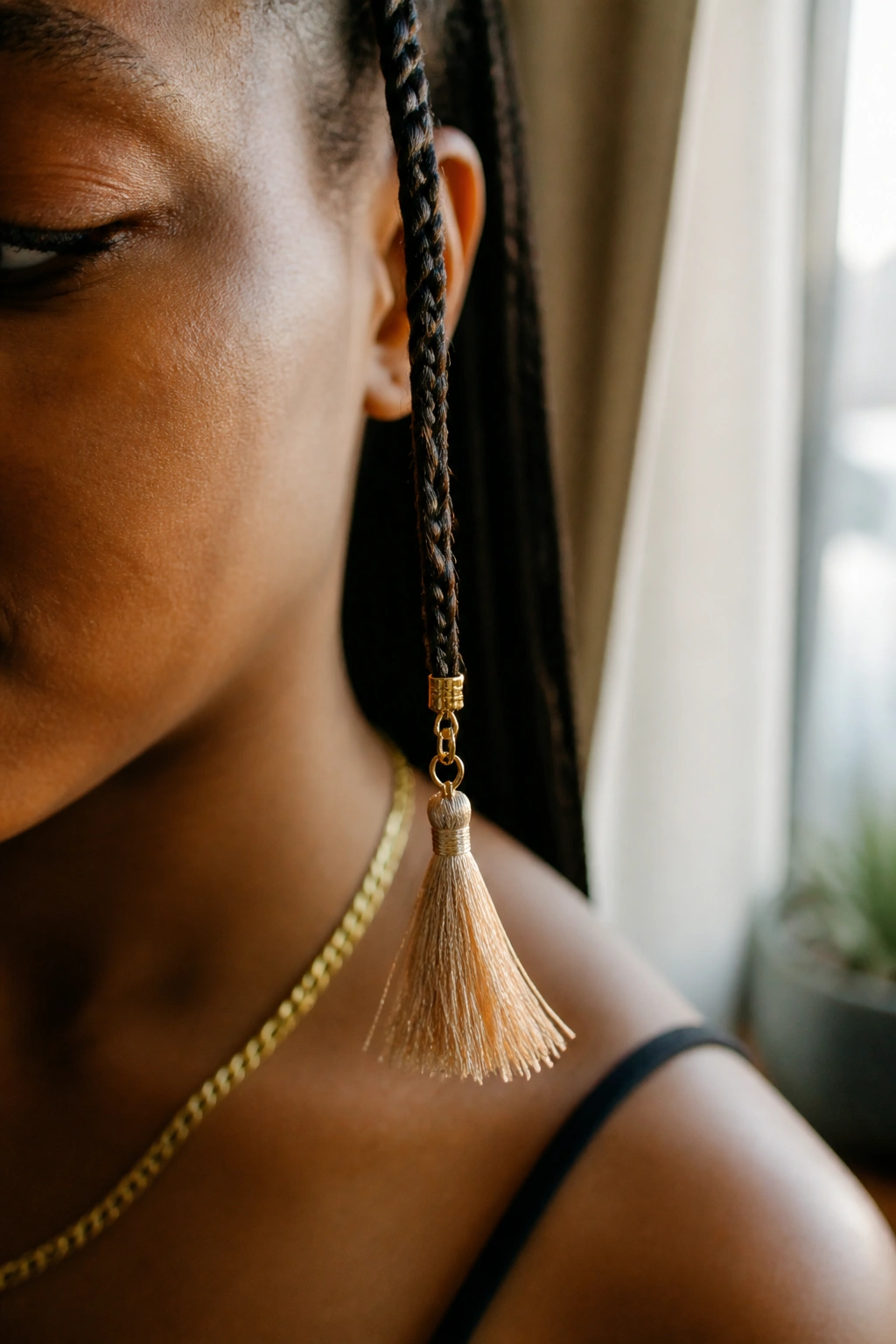Close-up of a real person's long braid with a tassel charm at the end