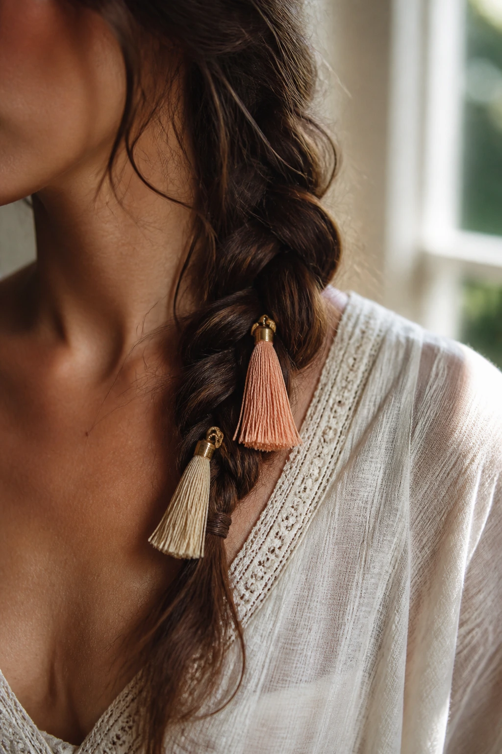 Braid ends with tassel charms hanging from a real person