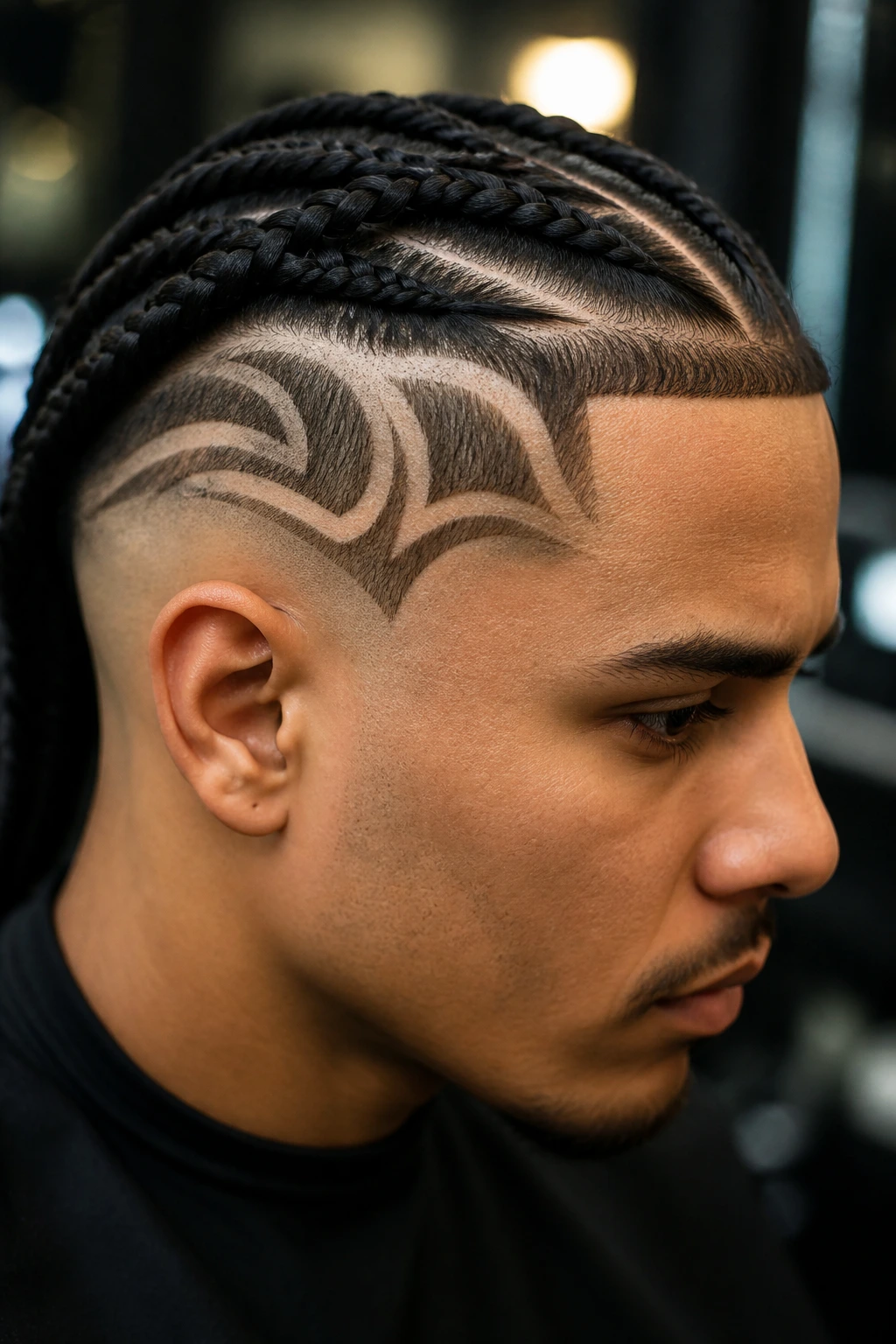 Close-up portrait of a real person with box braids and tattoo fade on shaved sides