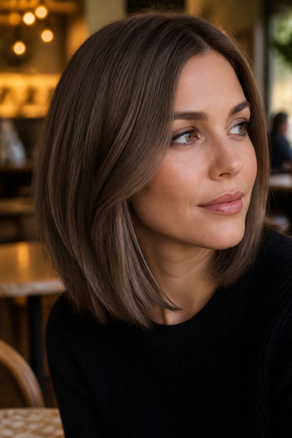 Close-up portrait of a real woman with taupe brunette hair in a cafe setting