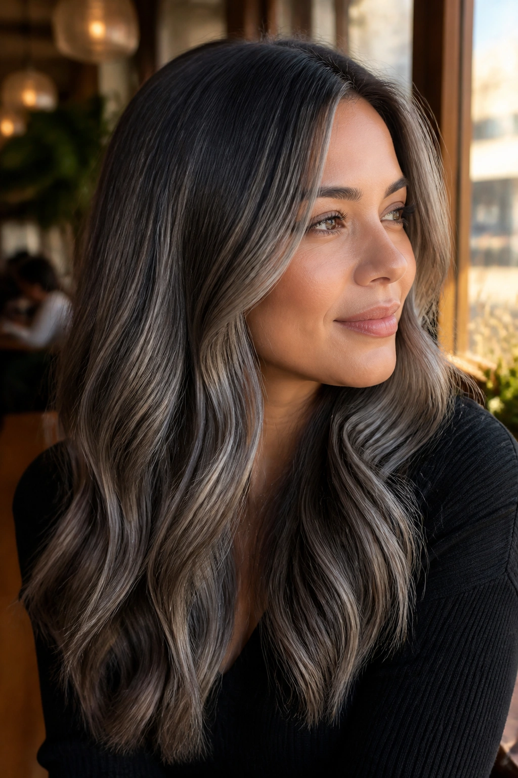 Brunette with smoky taupe silver balayage in a cafe setting