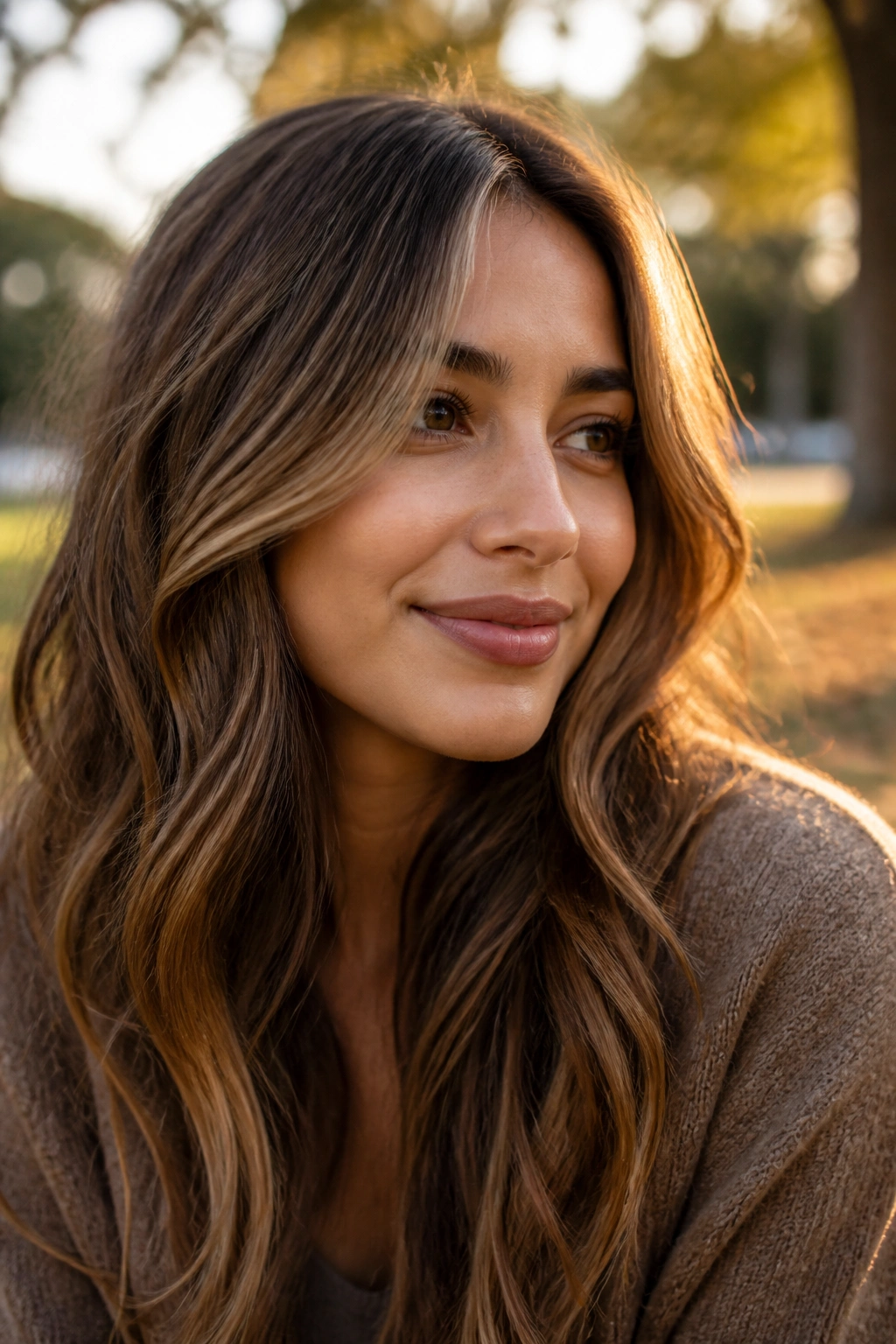 Close-up of a real person with Tawny Bronde hair color showing warm brown base and honey ribbons.
