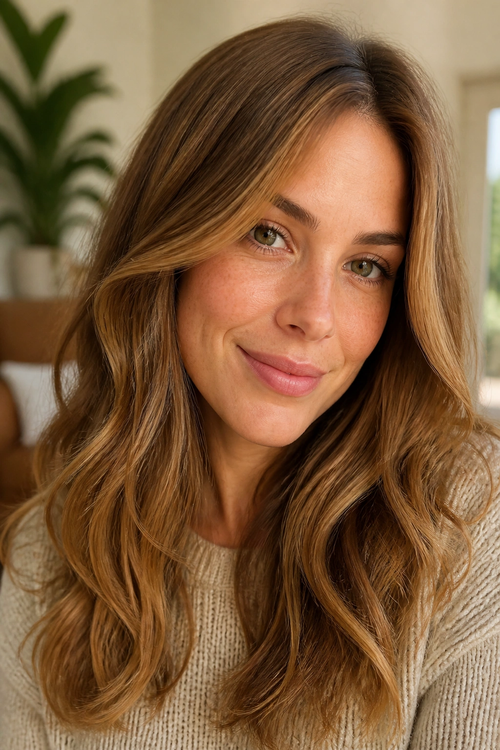 Close-up portrait of a real woman with tawny brown hair in soft waves under warm window light